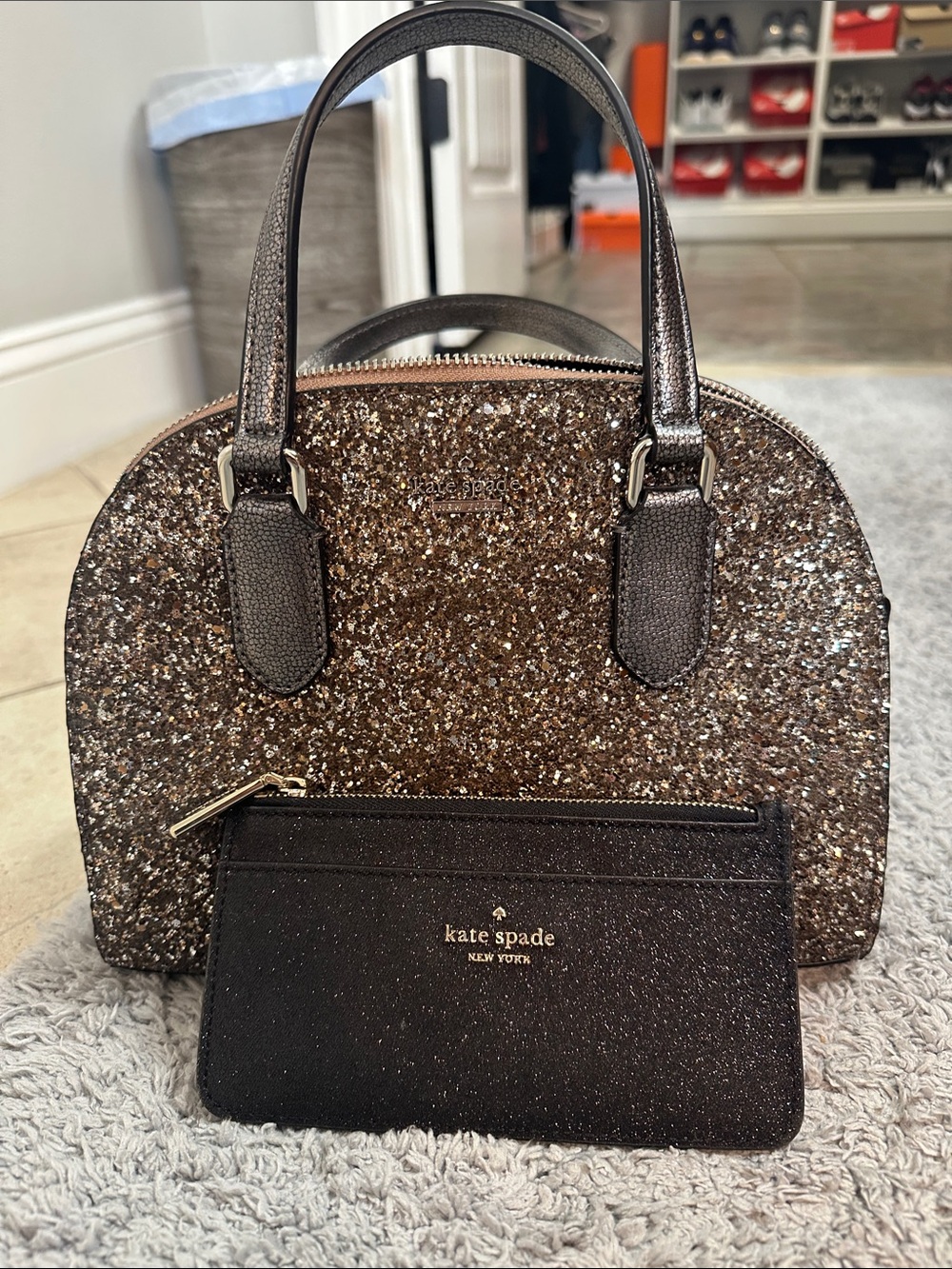 kate spade brown glitter dome satchel with black glitter pouch